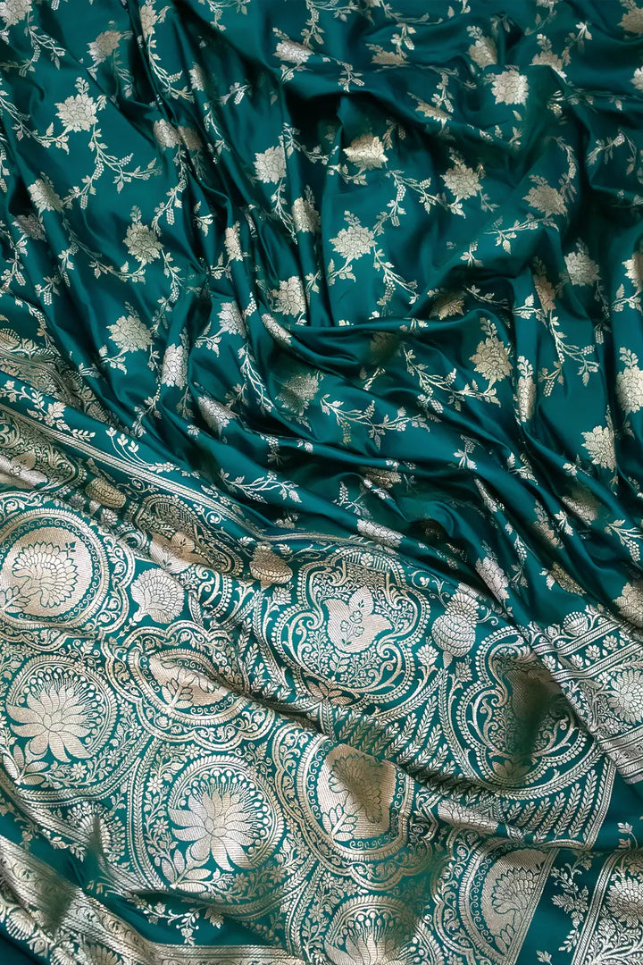 Teal Akbari Jaal Katan Silk Banarasi Saree