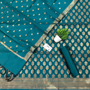Teal Tri Phool Satin Silk Banarasi Suit