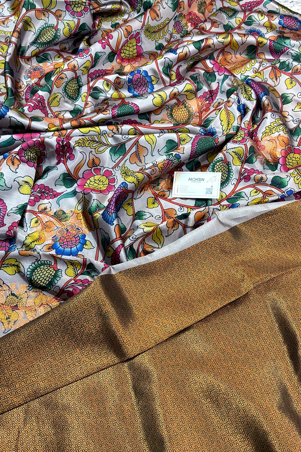 White and Bottle Green Printed Silk Saree