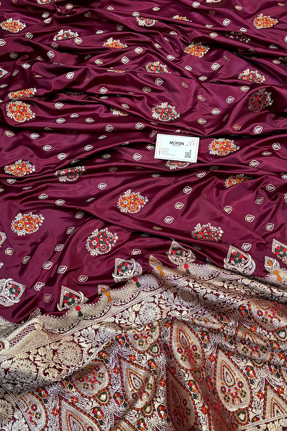 Wine Pangi Buti Katan Silk Banarasi Saree