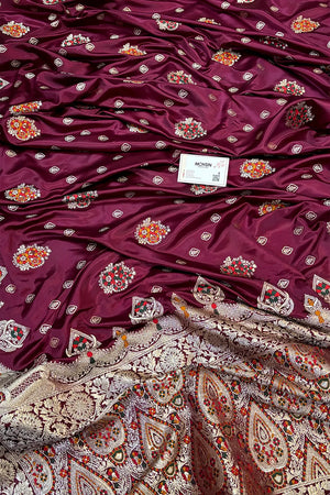 Wine Pangi Buti Katan Silk Banarasi Saree