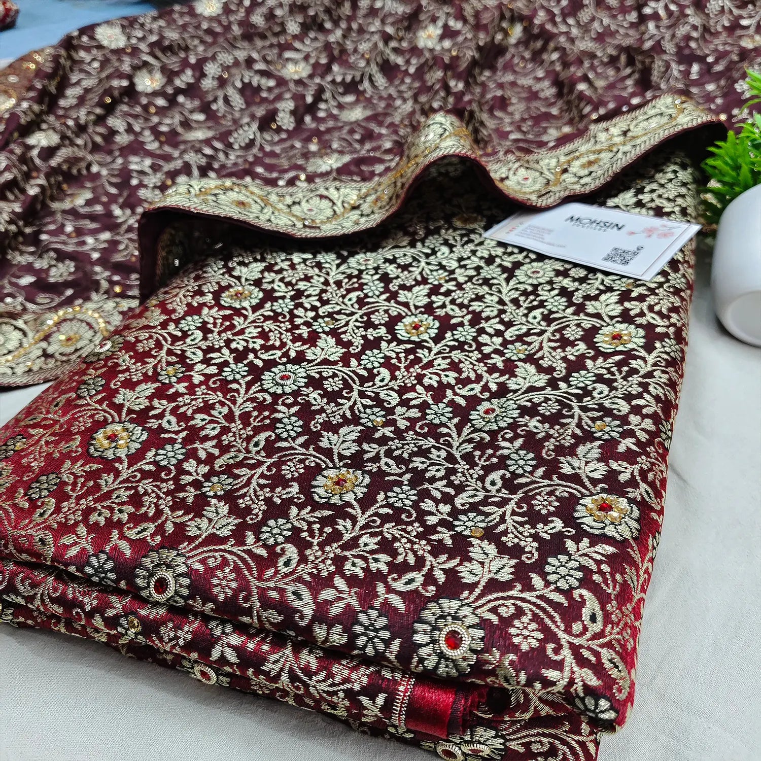Wine Stone Work Kimkhab Silk Banarasi Gharara