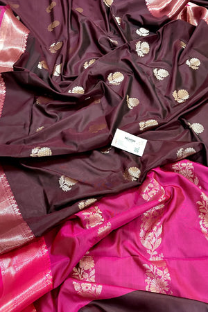 Wine and Pink Golden Zari Banarasi Silk Saree