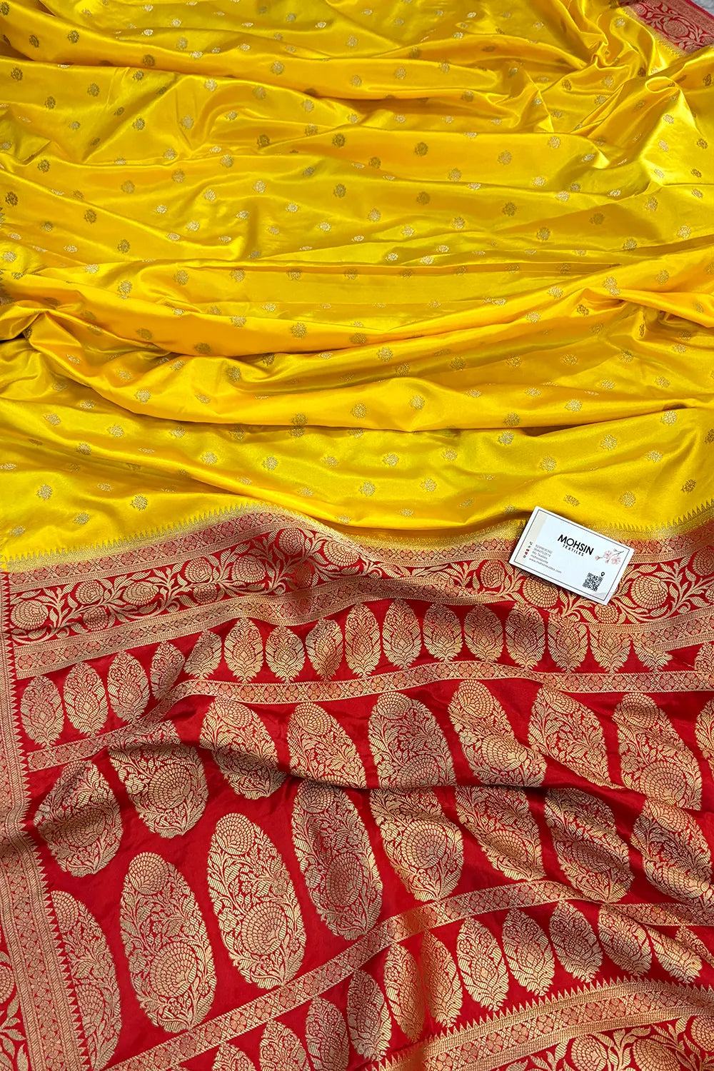 Yellow and Red Golden Zari Katan Silk Banarasi Saree