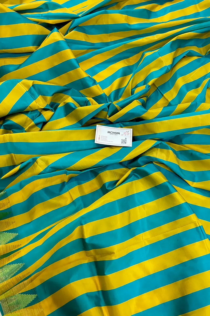 Yellow and Sea Green Stripe Plain Satin Silk Banarasi Saree