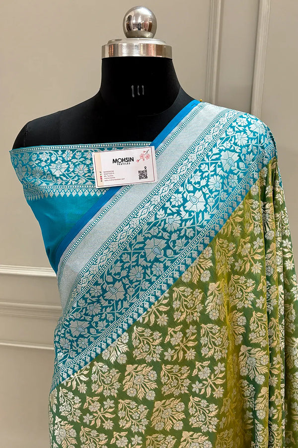 Mehendi and Firozi Temple Buta Katan Silk Banarasi Saree