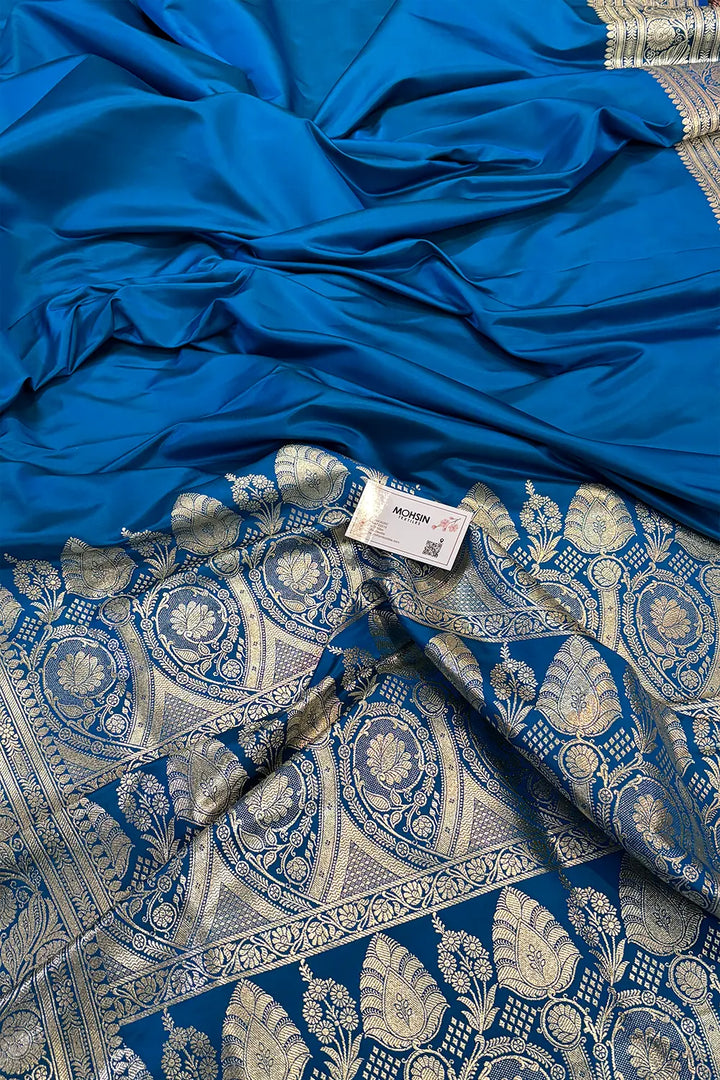 Firozi Plain Golden Zari Katan Silk Banarasi Saree