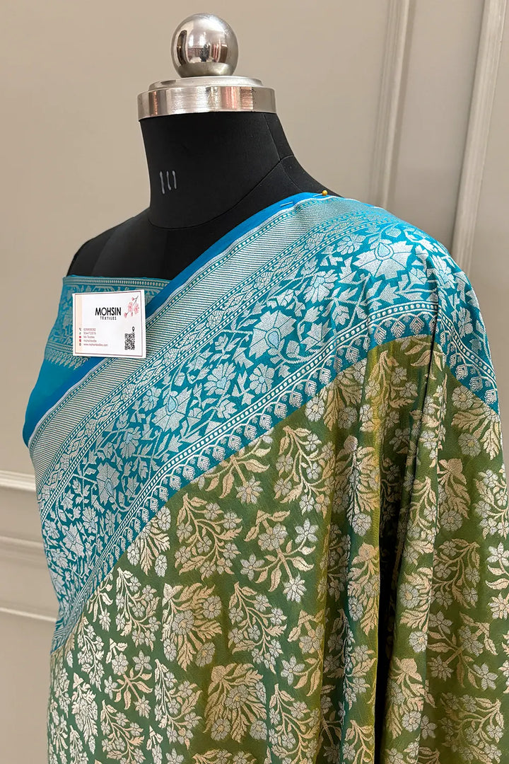 Mehendi and Firozi Temple Buta Katan Silk Banarasi Saree