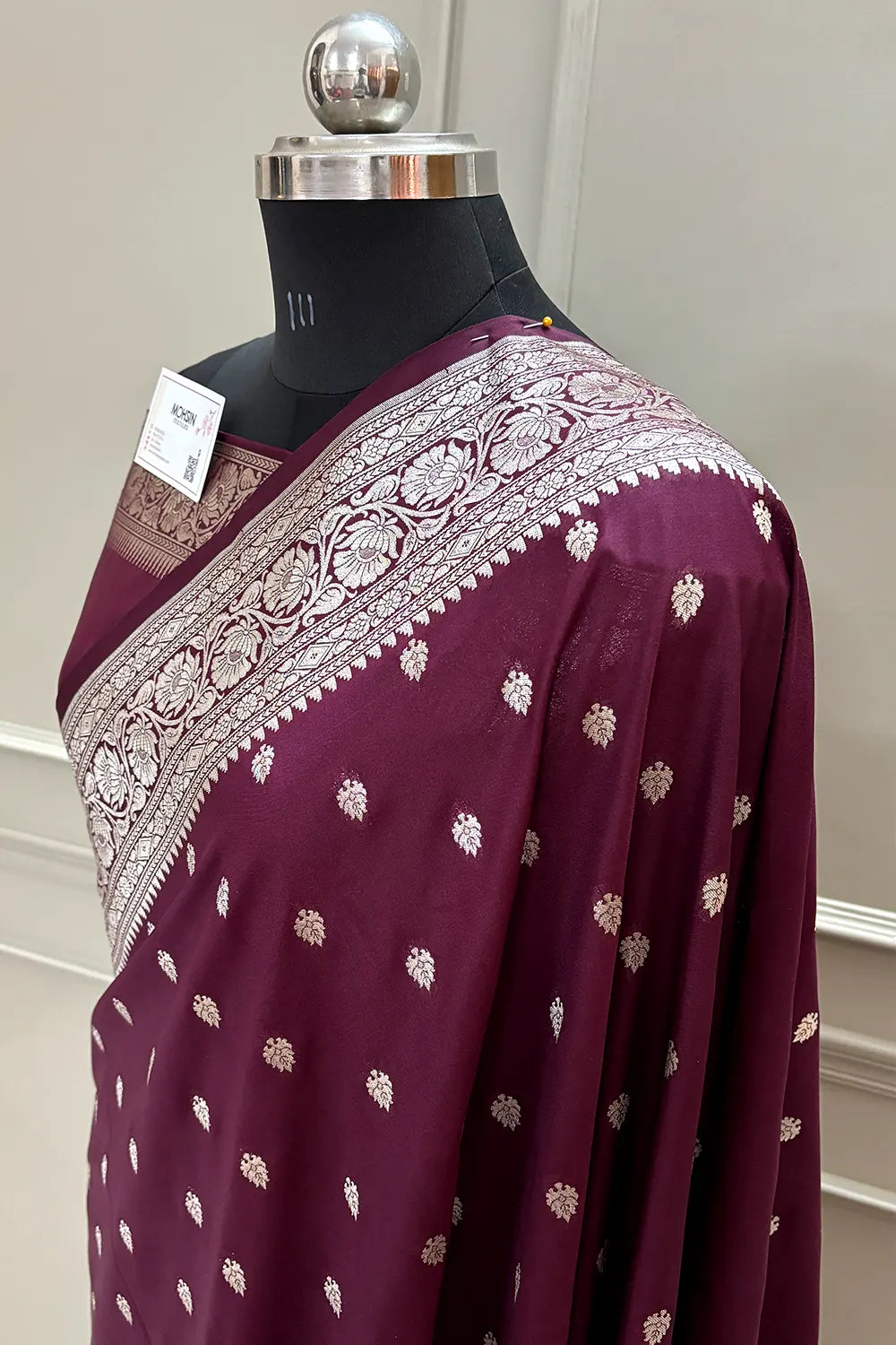 Wine Rudraksha Buti Katan Silk Banarasi Saree