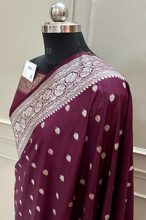 Wine Rudraksha Buti Katan Silk Banarasi Saree