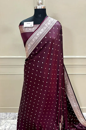 Wine Chitrani Buti Katan Silk Banarasi Saree