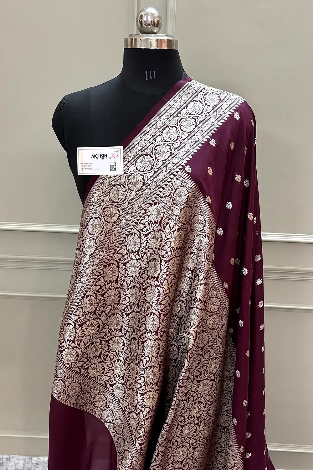 Wine Rudraksha Buti Katan Silk Banarasi Saree