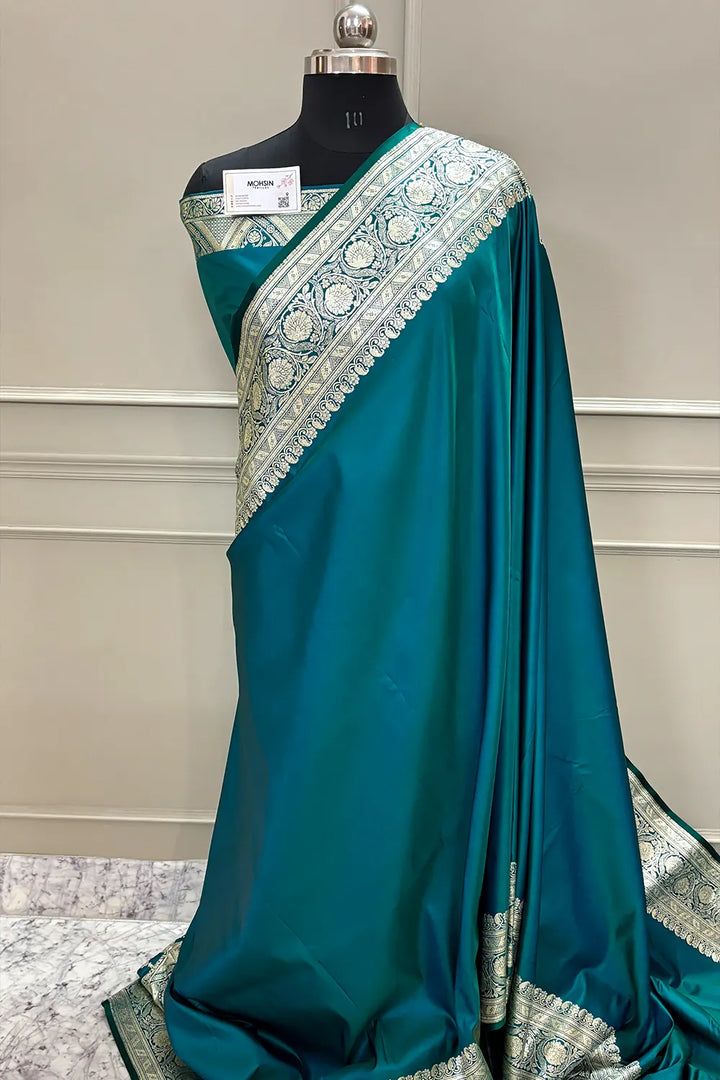 Teal Royal Plain Katan Silk Banarasi Saree