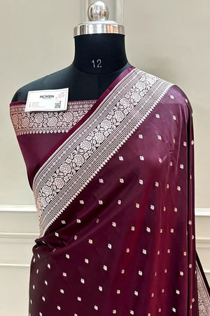Wine Chitrani Buti Katan Silk Banarasi Saree