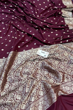 Wine Rudraksha Buti Katan Silk Banarasi Saree