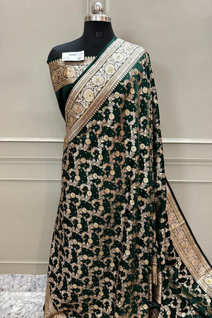 Bottle Green Moglai Jaal Stone Work Katan Banarasi Saree