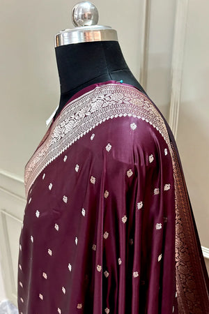 Wine Chitrani Buti Katan Silk Banarasi Saree