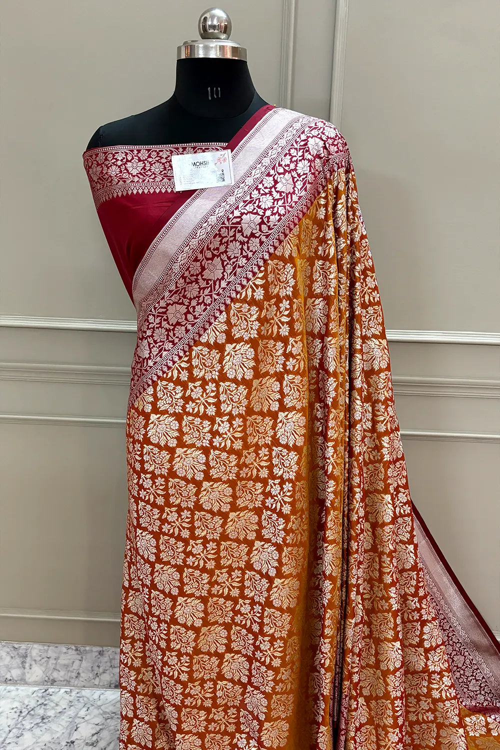 Mustard and Maroon Temple Buta Katan Silk Banarasi Saree