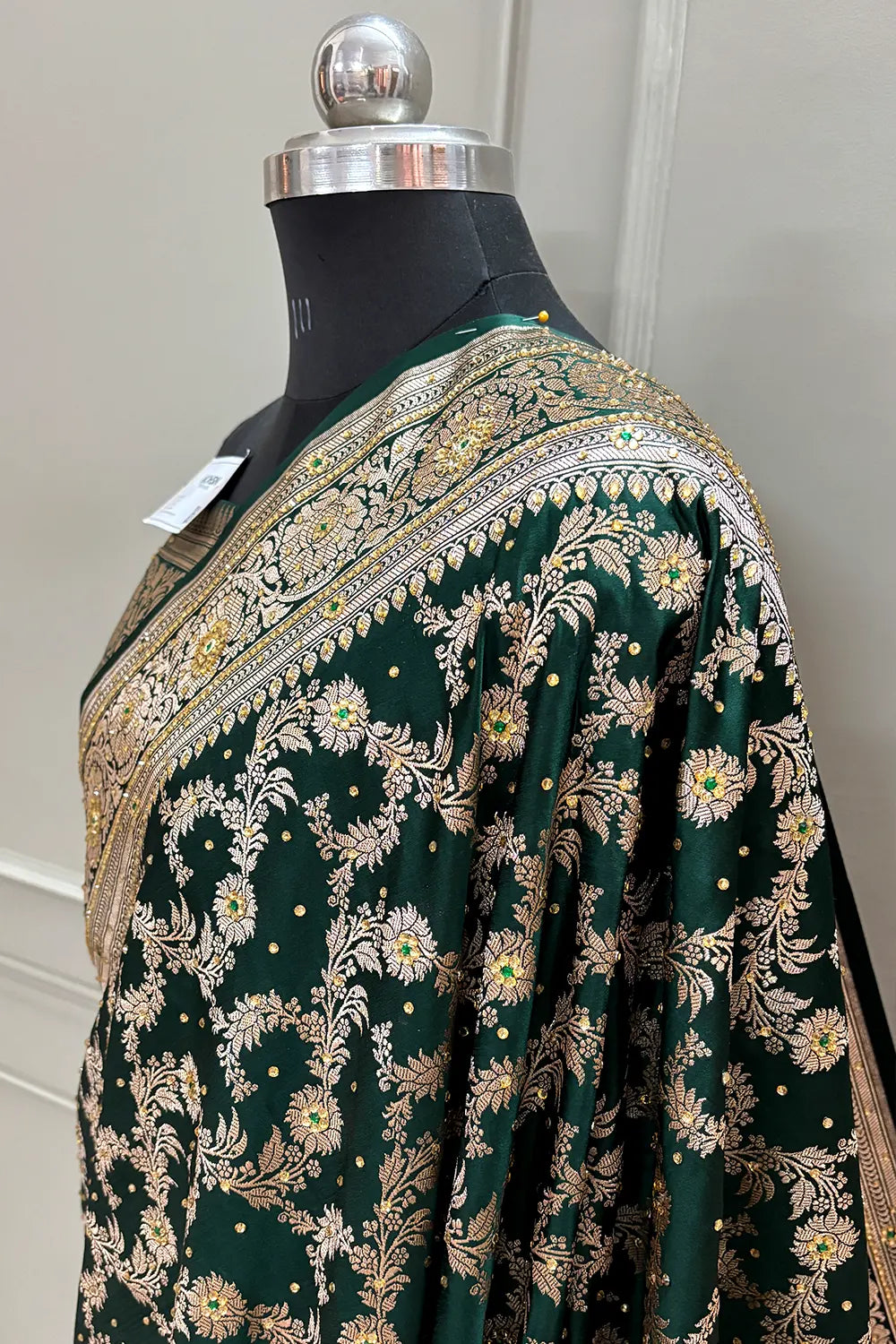 Bottle Green Moglai Jaal Stone Work Katan Banarasi Saree
