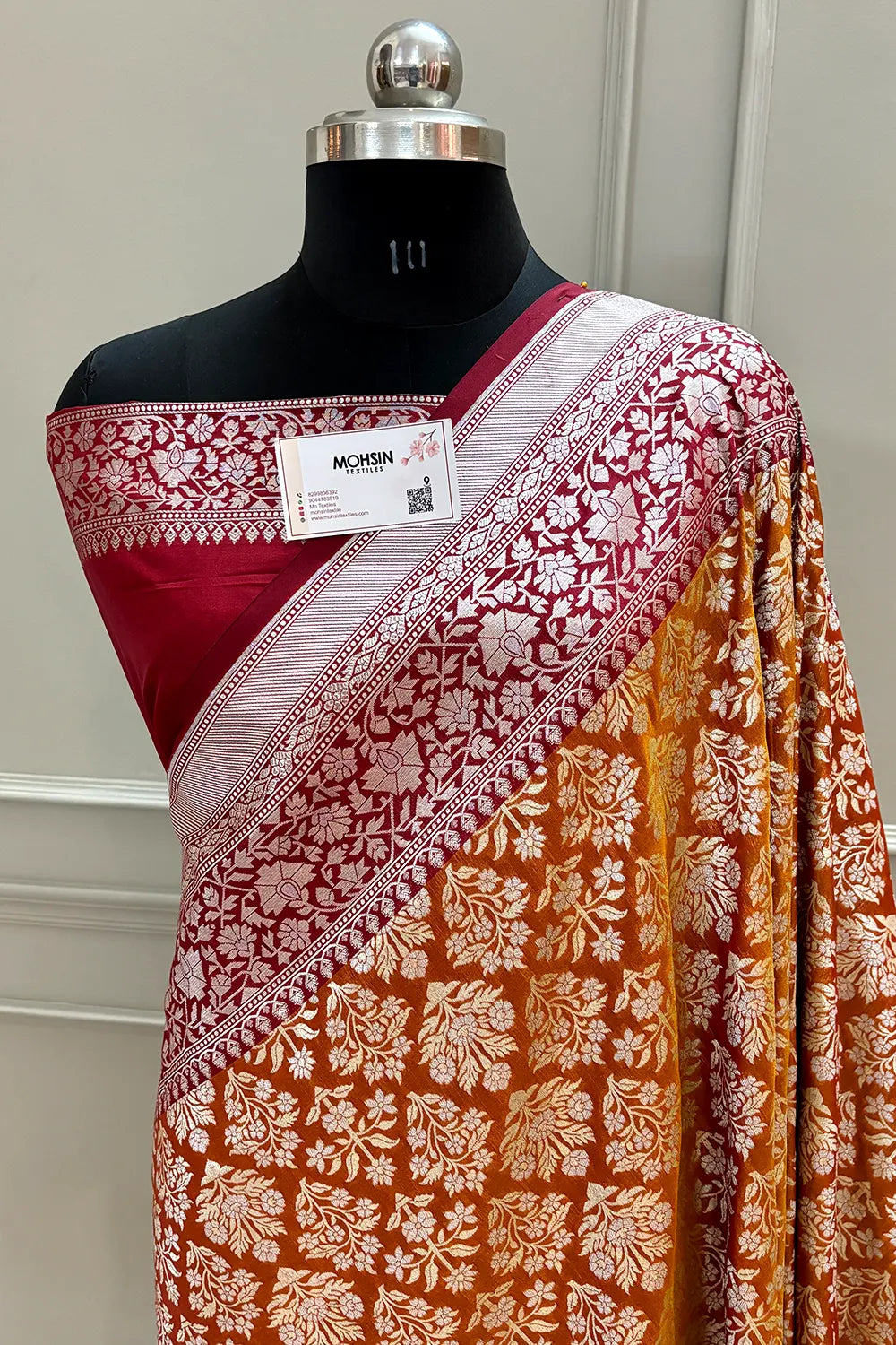 Mustard and Maroon Temple Buta Katan Silk Banarasi Saree
