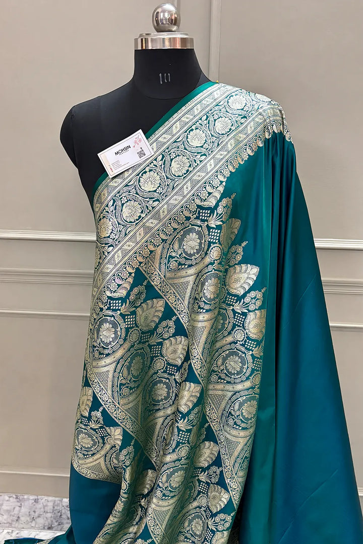 Teal Royal Plain Katan Silk Banarasi Saree