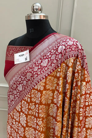 Mustard and Maroon Temple Buta Katan Silk Banarasi Saree