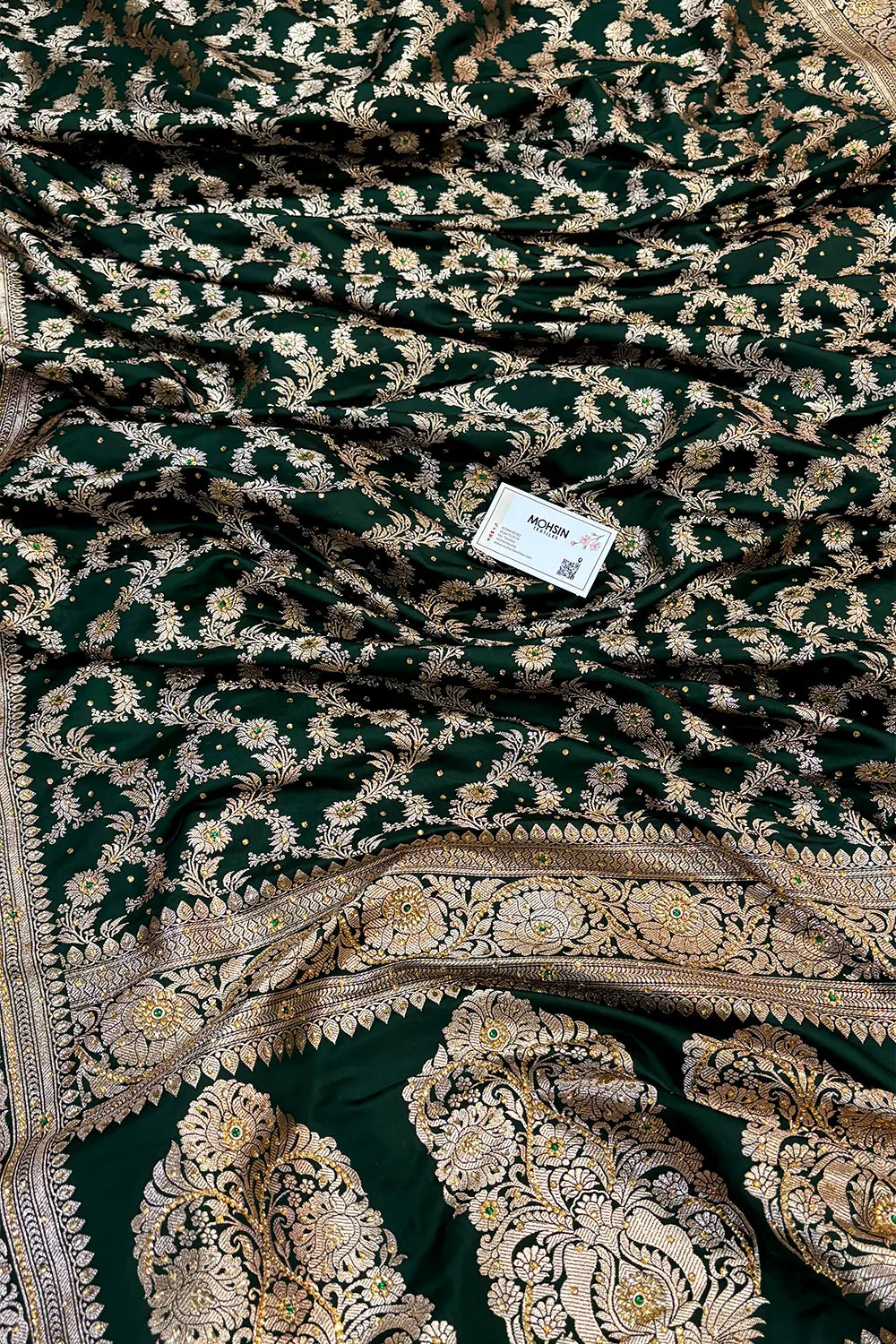 Bottle Green Moglai Jaal Stone Work Katan Banarasi Saree