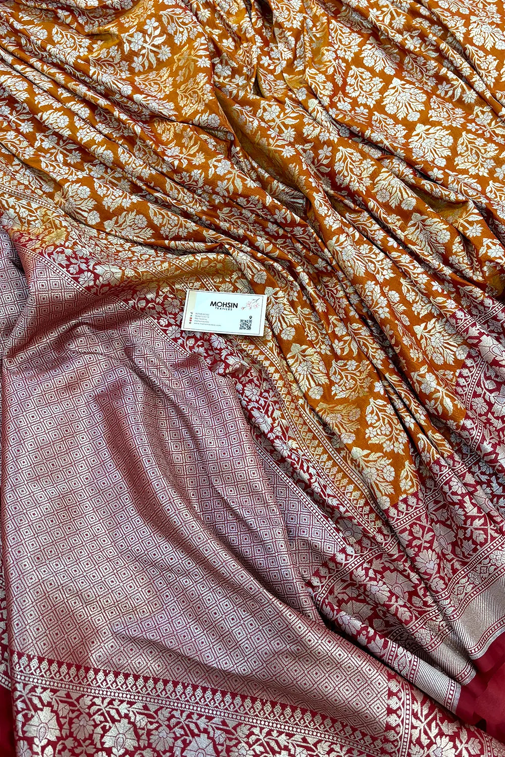 Mustard and Maroon Temple Buta Katan Silk Banarasi Saree