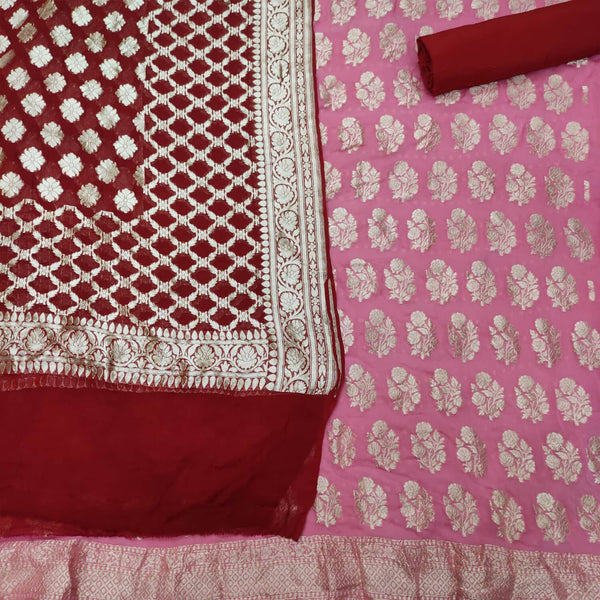 Baby Pink and Maroon Handloom Georgette Silk Banarasi Suit