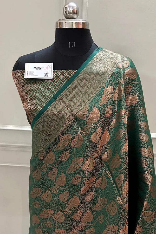 Bottle Green Antique Zari Satin Silk Banarasi Saree