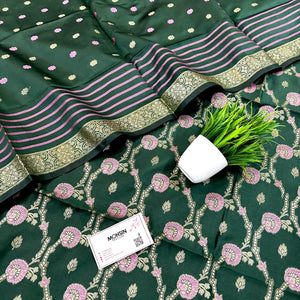 Bottle Green Golden Zari Satin Silk Banarasi Suit