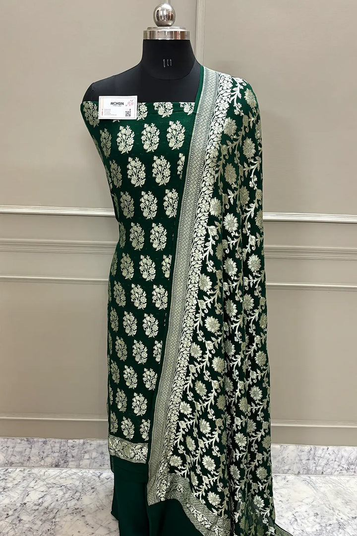 Bottle Green Pure Georgette Silk Banarasi Suit