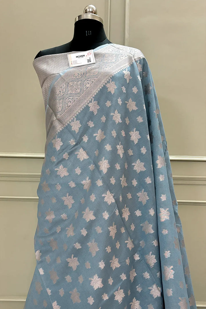 Grey Daab Buti Chanderi Silk Banarasi Saree