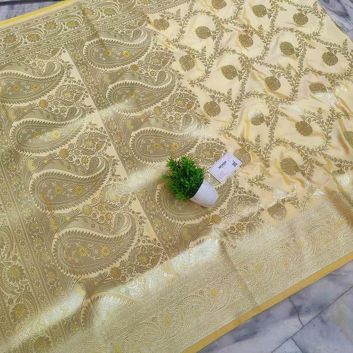 Light Yellow Handloom Pure Katan Silk Banarasi Saree