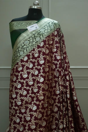 Maroon and Green Maharani Jaal Crepe Silk Banarasi Saree