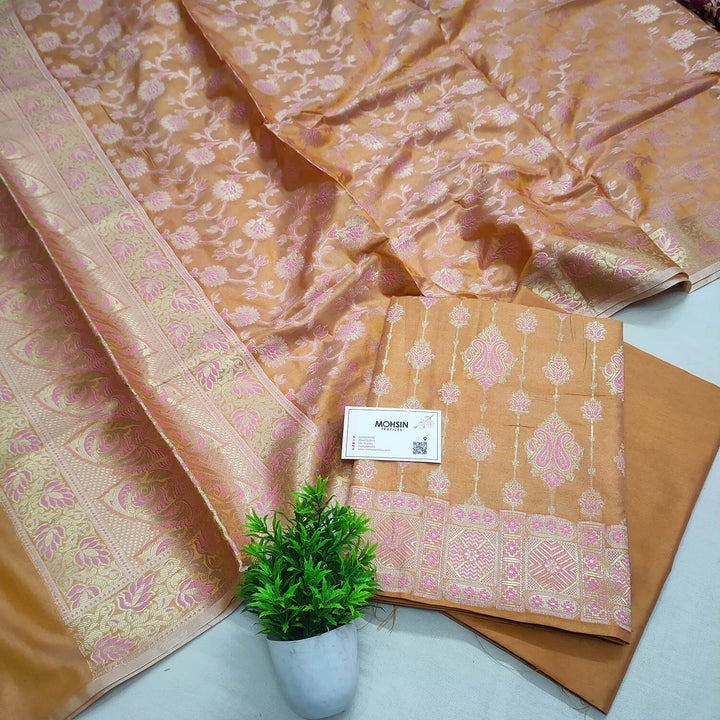 Mustard Pink Meena Katan Silk Banarasi Suit