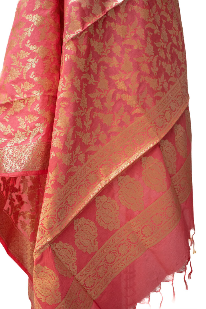 Peach Golden Zari Katan Silk Banarasi Dupatta