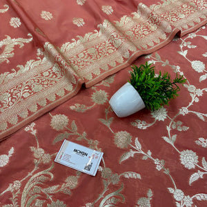 Peach Golden Zari Katan Silk Banarasi Suit