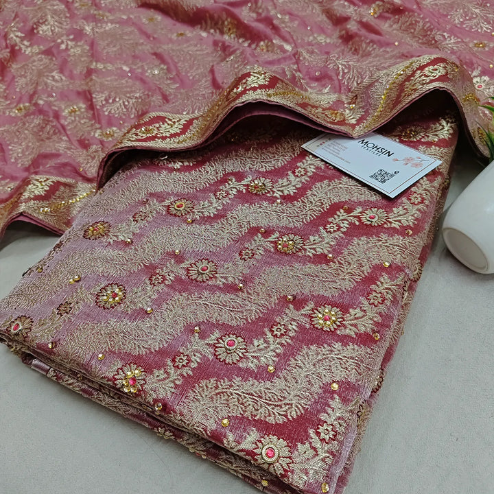 Peach Jharna Laher Stone Work Kimkhab Silk Banarasi Gharara