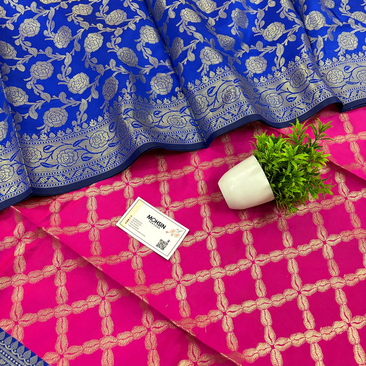 Pink and Royal Blue Zanjeer Satin Silk Banarasi Suit