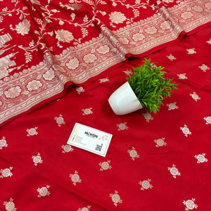 Red Ganga Ghat Katan Silk Banarasi Suit