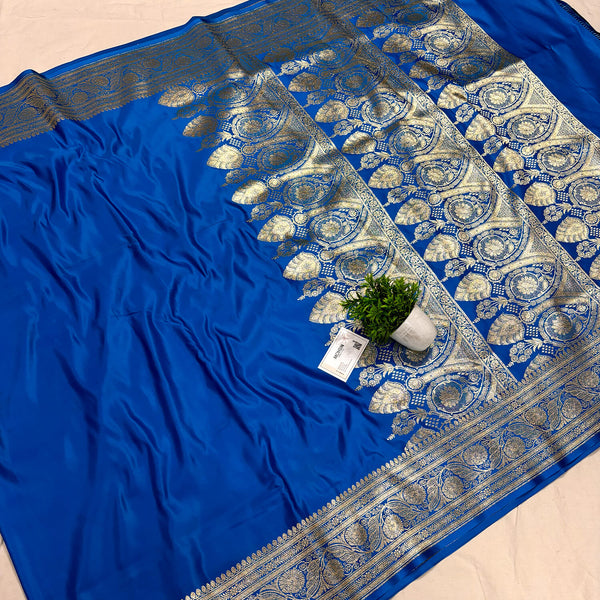 Royal Blue Plain Golden Zari Katan Silk Banarasi Saree