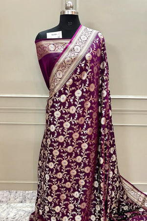 Purple Ganga Jamuna Crepe Silk Banarasi Saree