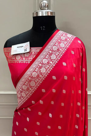 Pinkish Red Flying Buti Katan Silk Banarasi Saree