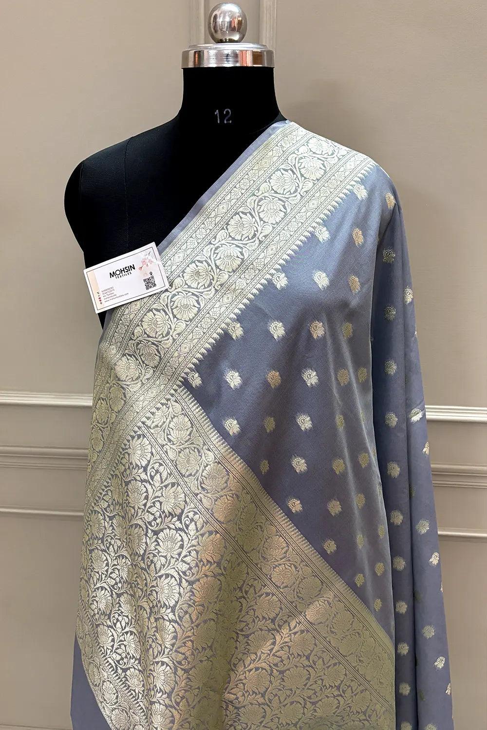 Grey Ghonga Buti Katan Silk Banarasi Saree
