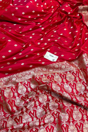 Pinkish Red Flying Buti Katan Silk Banarasi Saree