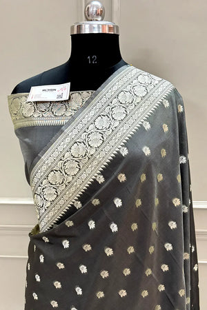 Dark Grey Ghonga Buti Katan Silk Banarasi Saree