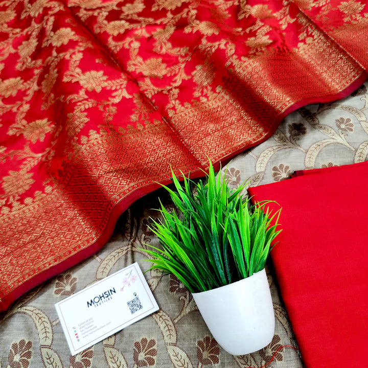 Beige and Red Patti Jaal Banarasi Silk Suit