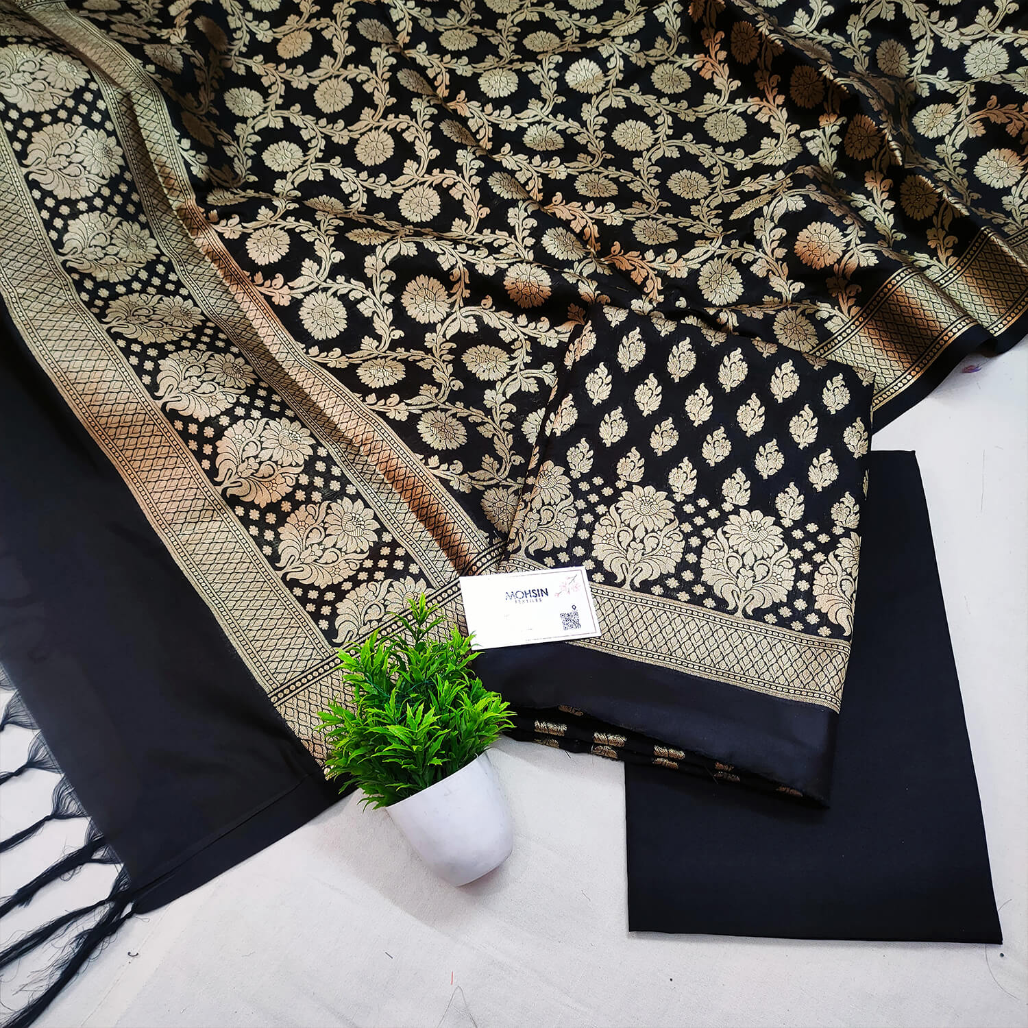 Rati Buti Suit fabric set on Raw Silk (Unstitched)- Mustard Gold – Zarinama