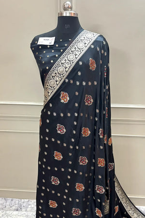 Black Pangi Buti Katan Silk Banarasi Saree